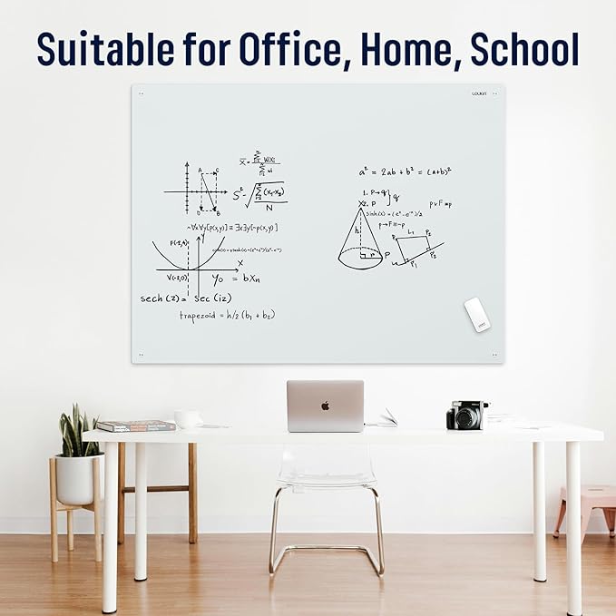 Loukin Glass Whiteboard for Wall, Magnetic Dry Erase Glass Board, Framless Surface White Board for Office, School, Dry Erase Whiteboard Set Includes Cleaner & Eraser & Marker (36" x 48")