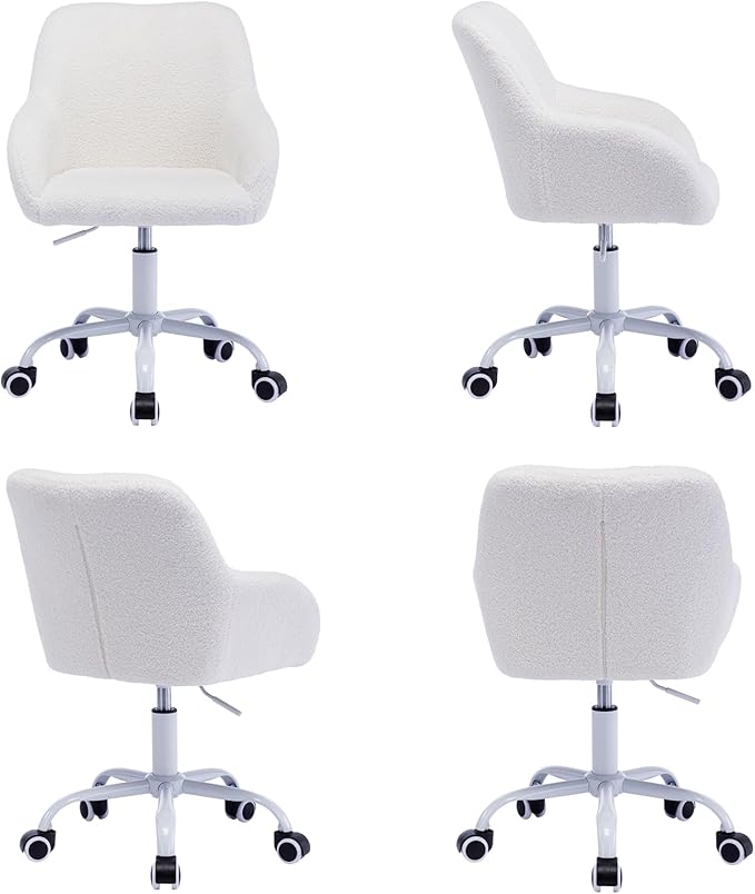 DUOMAY Kids Desk Chair, Faux Fur Upholstered Computer Chair for Boys and Girls, Cute Study Swivel Height Adjustable Arm Chair for Child, White