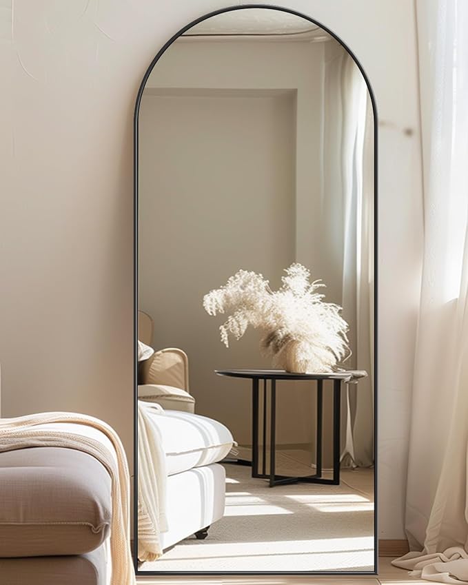 Antok Full Length Mirror, 59"x18.1" Floor Mirror with Stand, Hanging Mounted Mirrors for Bedroom, Living Room, Cloakroom, Dining Room, Black, Arched