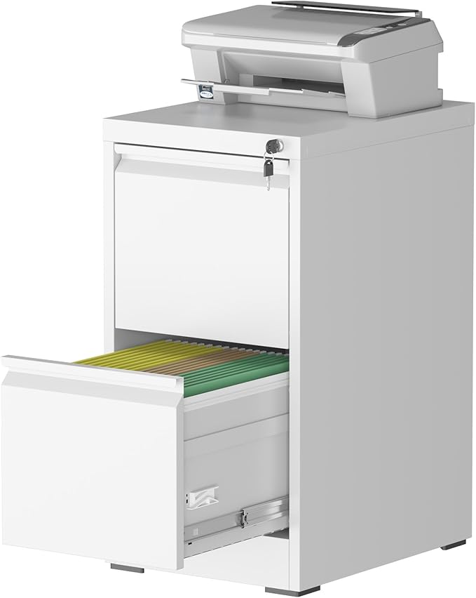 2 Drawer File Cabinet with Lock, Steel Vertical Filing Storage Cabinet for Home Office, Heavy-Duty File Cabinets for Letters/Legal/A4 (Require Assembly, White)