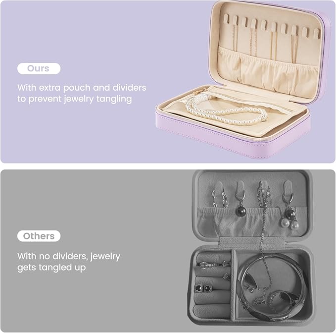 Lolalet Travel Jewelry Case for Women, Travel Jewelry Organizer Box with Mirror & Clear Storage Bag, Small Portable Traveling Earring Necklace Bracelet Ring Case, Bridesmaid Gifts -Medium, Purple