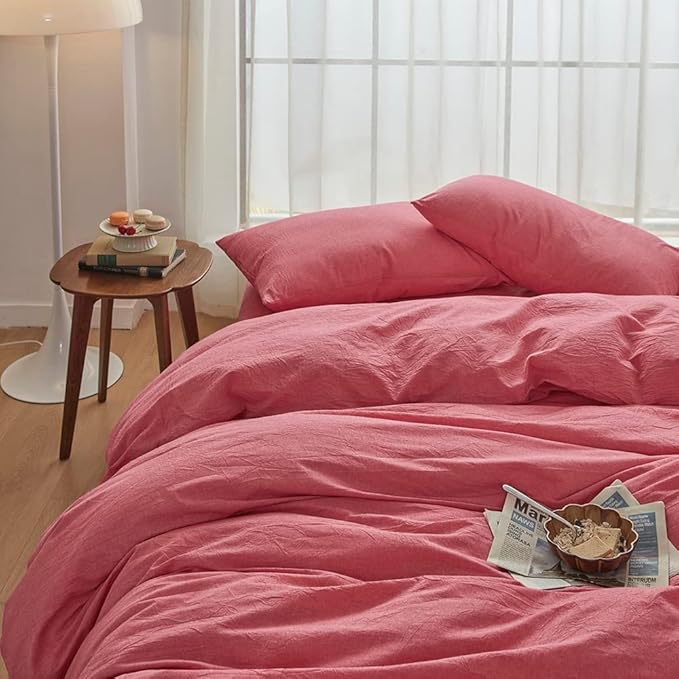 FACE TWO FACE Bedding Duvet Cover Set100% Washed Cotton Duvet Cover Linen Like Textured Breathable Durable Soft Comfy (Twin, Red)