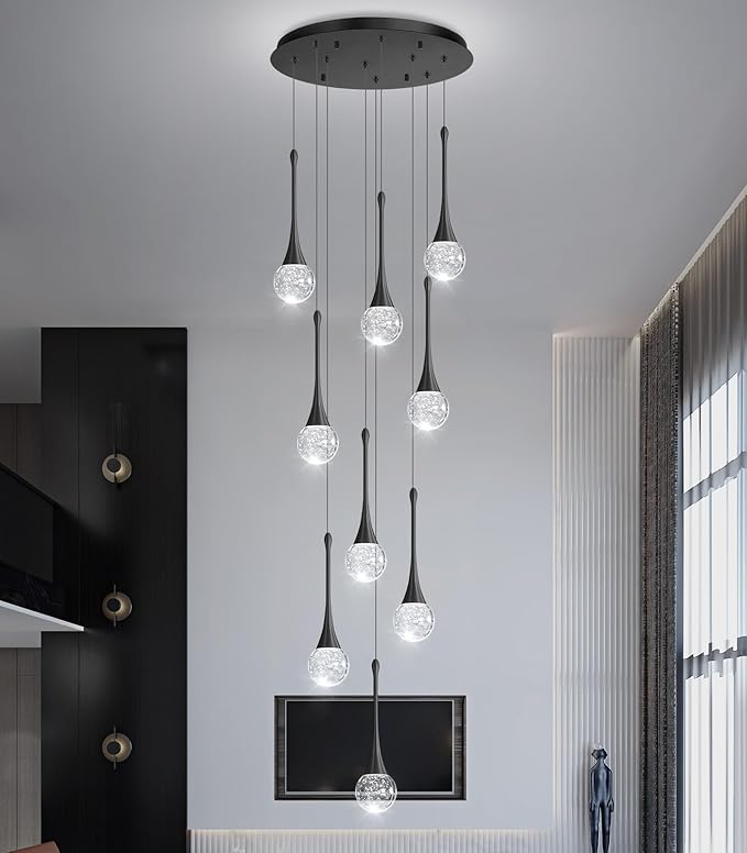 9 Light Modern Glam Crystal Chandelier for High Ceiling LED Dimmable Ceiling Pendant Light Staircase Foyer Enterway Living Room Chandelier Lighting Antique Black