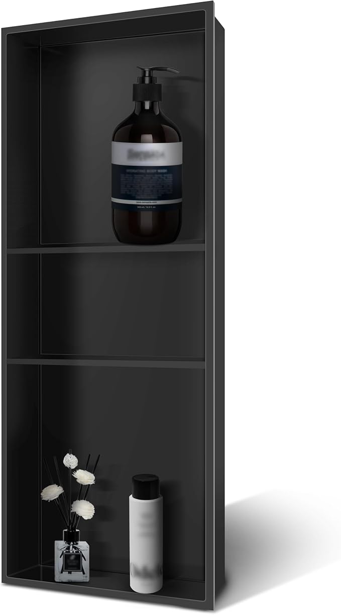 12" X 30" Stainless Steel Shower Niche Insert Tile Ready, Niche for Shower Wall, 3-Tier Recessed Shelves No Tile Needed for Bathroom Storage, Matte Black