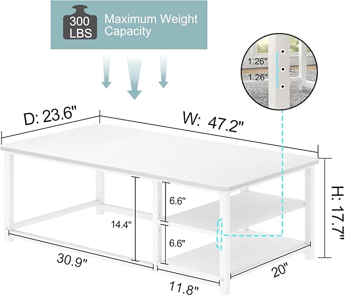 EXCEFUR White Coffee Table, Modern Rustic Wood Center Table with Storage for Living Room, Industrial Rectangle Cocktail Tea Table, 47 Inch