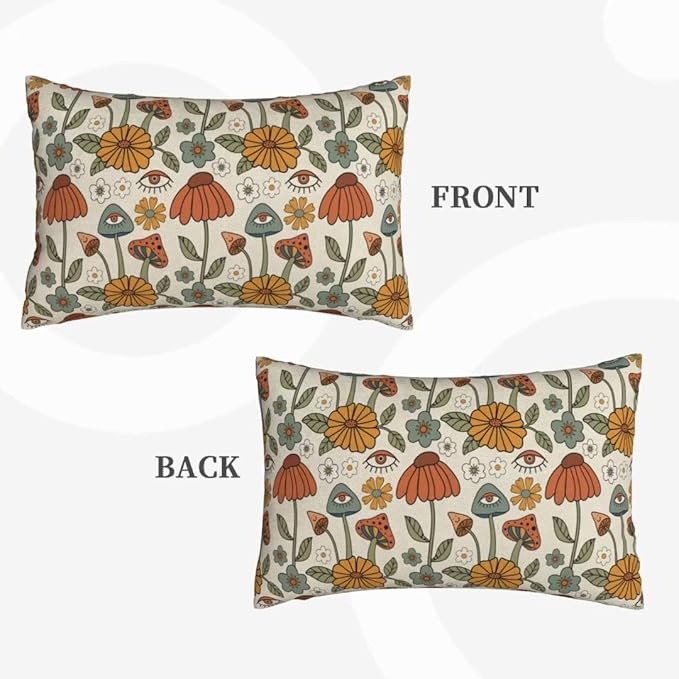 BETGINY Boho Throw Pillow Covers 12x20 Set of 2, Yellow Orange Fun Cute Mushrooms Retro Decorative Outdoor Pillow Covers 70s Vintage Floral Linen Farmhouse for Couch Sofa Summer Home Decor