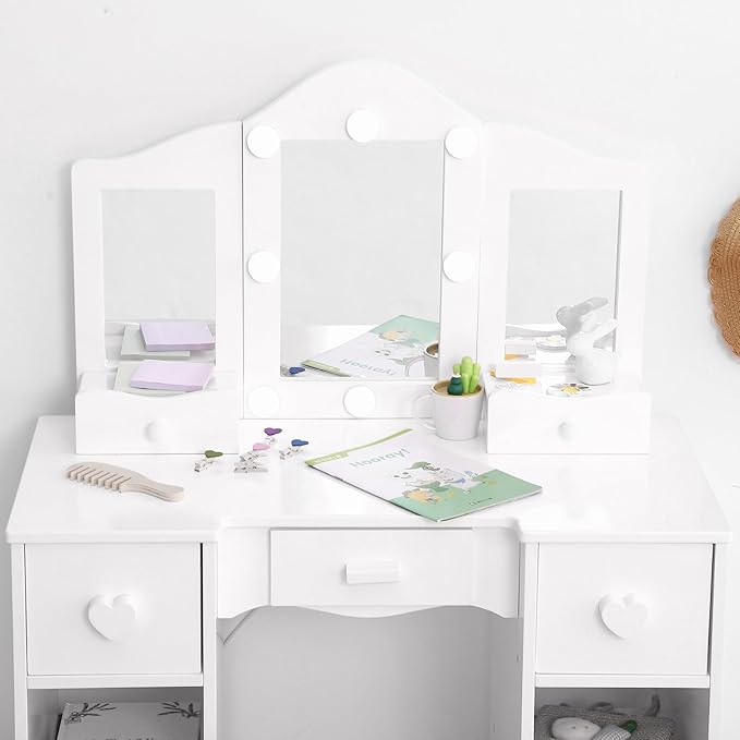 Kids Vanity Set With Mirror, 2 in-1 Wooden Toddler Vanity Table With Stool, Tri-Folding Mirror & Drawer,Princess Pretend Play Makeup Vanity Princess Makeup Desk Dressing Table for Little Girls