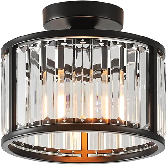 Black Flush Mount Ceiling Light, 2- Light Caged Crystal Chandelier, Small Drum Hallway Light fixtures Ceiling Mount (8.6 INCH Black)