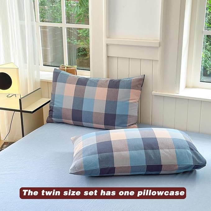 FACE TWO FACE Bedding Duvet Cover Set100% Washed Cotton Duvet Cover Linen Like Textured Breathable Durable Soft Comfy (Twin, Cardamom Blue Grid)