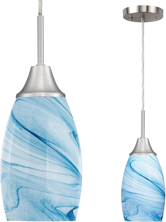 Mini Glass Pendant Light 1-Pack with Handblown Blue Marble Art Oval Glass Lamp Ceiling Hanging Light 4.72" Glass Chandelier for Dining Room Kitchen Foyer Hallway