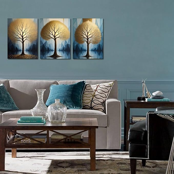 Arjun Tree Wall Art Gold Heart Shape Landscape Tree of Life Painting Teal Geometric Mountain Framed for Bathroom Living Room Bedroom Dinning Room Kitchen Home Office Wall Decor, 12"x16"x3 Panels