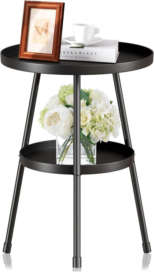 Small Side Table Round 2 Tier End Table Metal Round Coffee Tables Nightstand for Small Spaces Indoor Outdoor and Living Room Bedroom or Office