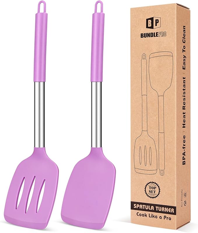 Pack of 2 Silicone Solid Turner, Non Stick Slotted Kitchen Spatulas, High Heat Resistant BPA Free Cooking Utensils, Ideal Cookware for Fish, Eggs, Pancakes(Purple)