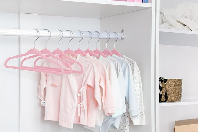 ManGotree Velvet Baby Clothes Hangers, Baby Toddler Kids Hangers with Swivel Hook, Notched Shoulder Design for Kids and Children Clothes (30 Pack, Pink)