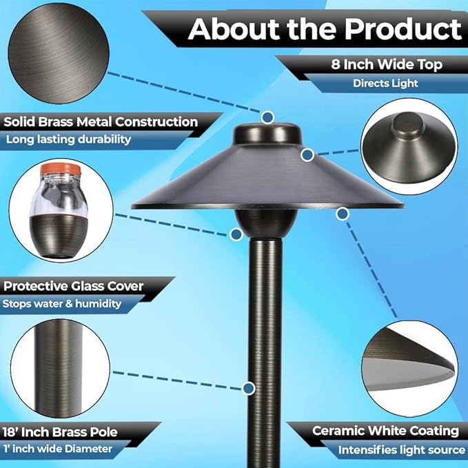 LED Pathway 125 Landscape Light (6 Pack) 12V Solid Brass Low Voltage LED Light G4 3.5W 2700K Bulb Included Outdoor Mushroom Security Garden Patio Deck Pool Area Light for Beautiful Bright Long Lasting