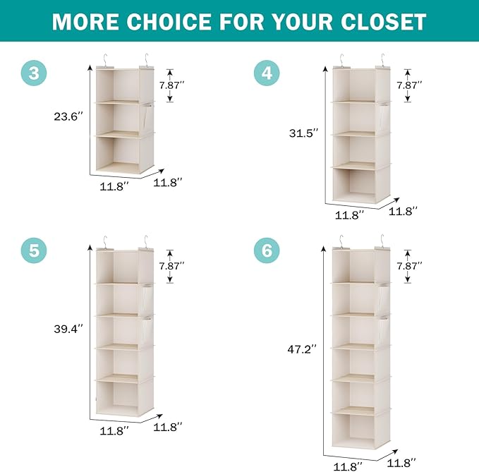Hanging Closet Organizer, 5-Shelf Closet Hanging Storage Shelves, Beige