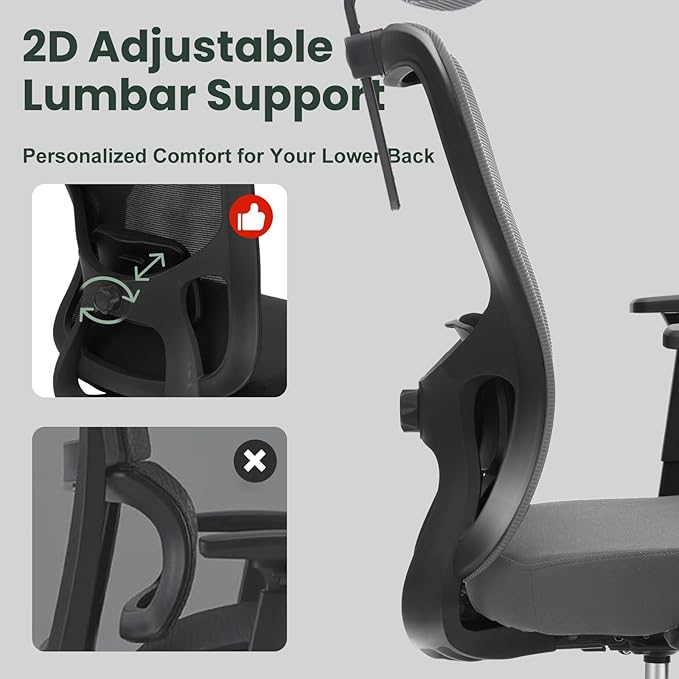 Ergonomic Office Chair - 350LB Mesh Office Chair with Adjustable Lumbar, High Back Computer Desk Chair with 3D Armrest, Comfy Chair with 2D Headrest & Tilt Function for Study, Work, Gaming