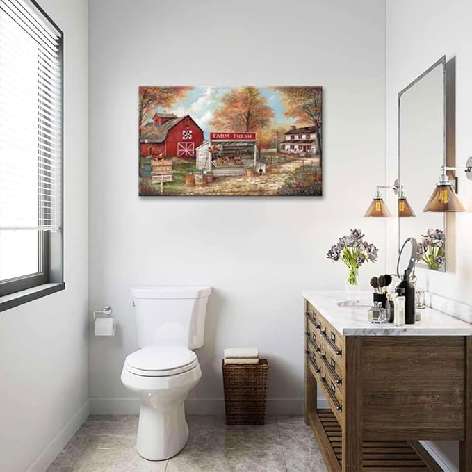 CYULWNNO Farmhouse Canvas Wall Art Farm Stand Landscape Painting Nature Rustic Scenery Canvas Prints Vintage Red House Wall Decor Framed for Living Room Bedroom