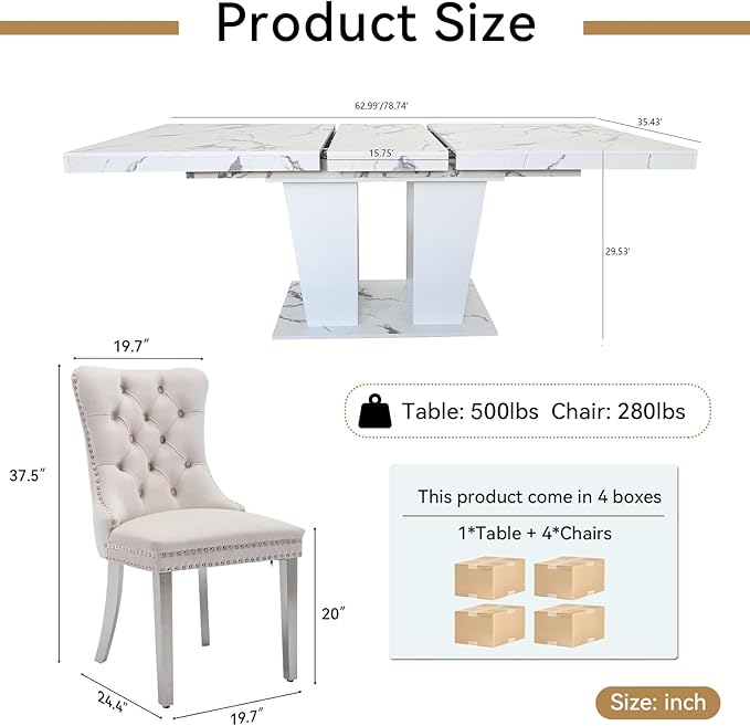 5-Piece Extendable Dining Table Set for 4-8 People 63-78 Inch Kitchen Table Set with 4 Beige Upholstered Chairs Modern White Faux Marble Rectangular Dining Room Table Set for Kitchen Apartment