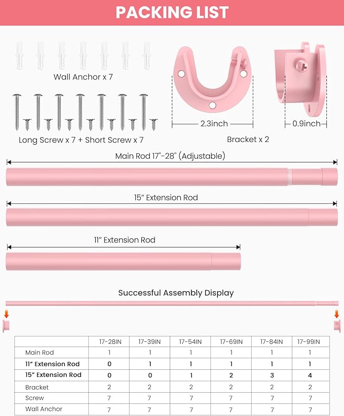 Closet Rods for Hanging Clothes, 17 to 39 Inches Stepless Adjustable Metal Closet Rod, 1.3 Inches Heavy Duty Clothes Hanging Rod for Closet Wardrobes Laundry RV, Pink