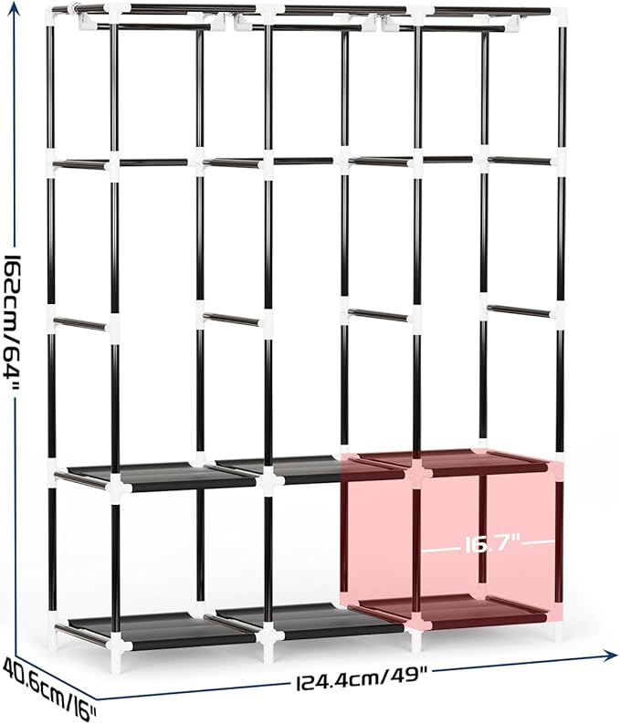 Mavivegue Portable Closet, Wardrobe Closet Organizer with Cover, 3 Hanging Rods and Shelves,Large Capacity for Bedroom, Living Room (Black, 50" W x 17" D x 64" H)