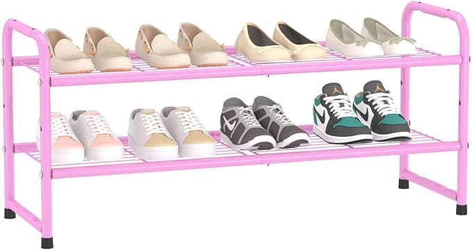 SUFAUY 2-Tier 33" Wide Shoes Rack Shelf for Closet Metal Stackable Shoe Storage Organizer, Wire Grid, Pink