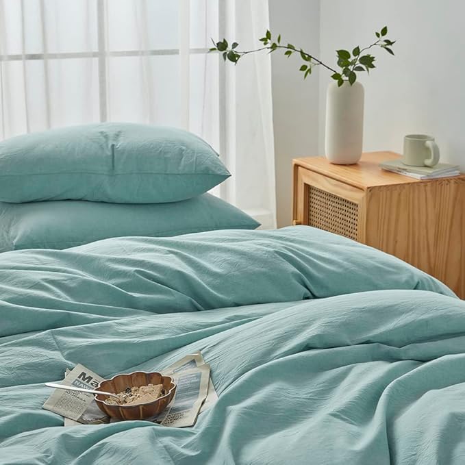 FACE TWO FACE Bedding Duvet Cover Set100% Washed Cotton Duvet Cover Linen Like Textured Breathable Durable Soft Comfy (Full, Dusty Blue)