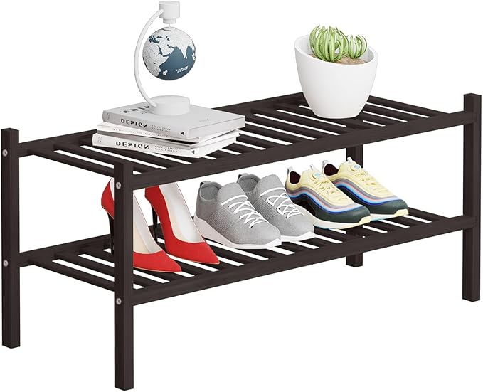 2 Tier Bamboo Shoe Rack Storage Organizer for Closet, Multifunctional Stackable Free Standing Shoe Shelf Organizer for Small Space,Entryway, Hallway, Bathroom27 x11 x13 (Brown, 2 Tier)