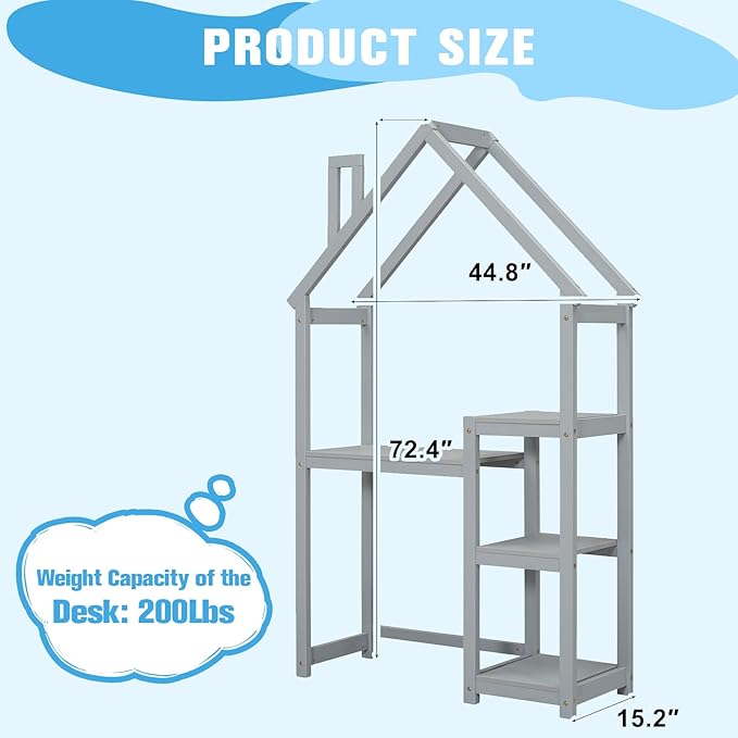 2-in-1 Kids Writing Desk and Bookshelf, 72 inch Tall House-Shaped Wooden Desk for Kids, Built-in 3-Tier Storage Shelves, Anti-Tipping Device, Ideal for Bedroom, Playroom, Learning (Grey)