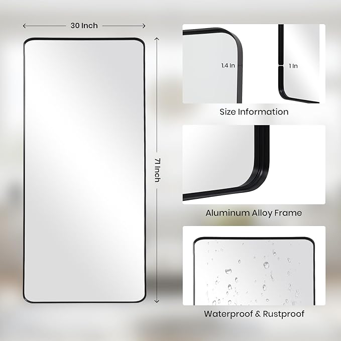 Rectangle Mirror Full Length 30" x 71" Large Floor Mirror Black Shadow Box Frame Wall Mounted for Home Decor Hanging Leaning Wall Full Body Dressing for Closet Bedroom