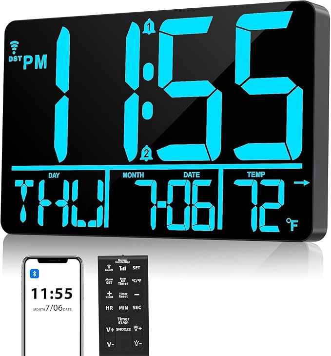 13" Bluetooth Auto Sync Wall Clock - Large Digital Alarm Clock with Remote, 25 Ringtones, Dual Alarm, Adjustable Brightness, 12/24H, Auto DST, for Living Room, Kitchen, Office, Elderly（Blue）