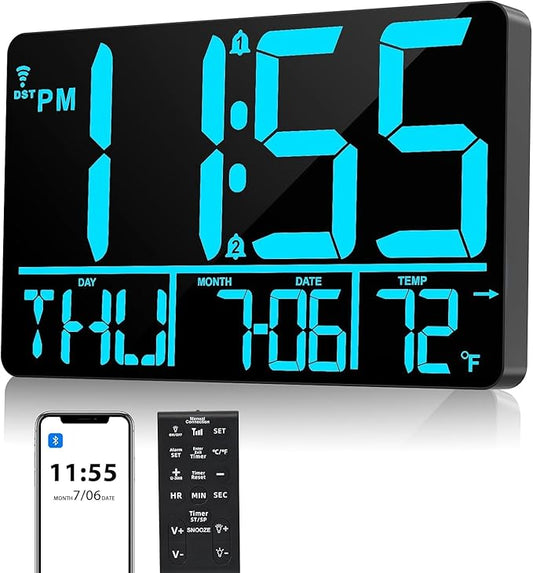 13" Bluetooth Auto Sync Wall Clock - Large Digital Alarm Clock with Remote, 25 Ringtones, Dual Alarm, Adjustable Brightness, 12/24H, Auto DST, for Living Room, Kitchen, Office, Elderly（Blue）