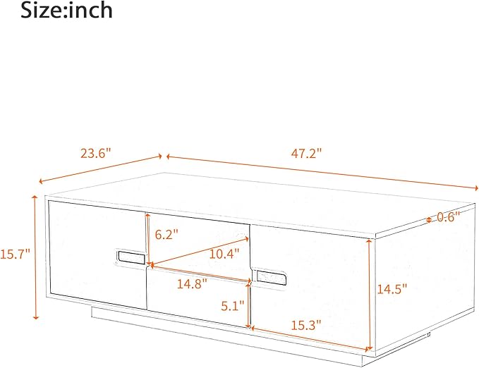 Modern High Gloss LED Coffee Table 47.2-Inch Wooden Center Cocktail Table with Storage & 16 Colors LED Light for Living Room, White