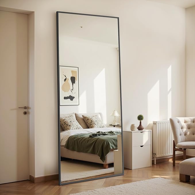 Antok Mirror Full Length, 61"x18" Big Floor Mirror, Oversized Full Body Mirrors with Stand for Bedroom, Living Room Cloakroom, Black, Rect Corner Style