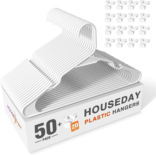 HOUSE DAY White Plastic Hangers 50 Pack with 20 Connector Hooks, Premium Slim Space Saving Closet Organizers, Non-Slip & Heavy Duty Clothes Hangers for Coat, Suit, Shirt, Dress