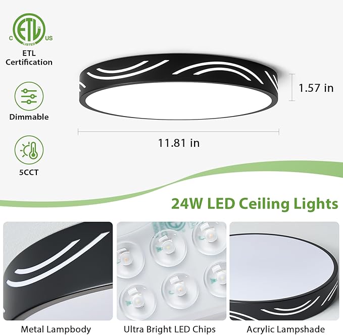 Modern Dimmable Ceiling Light Fixture,5CCT in One LED Flush Mount Kitchen Lights,Round Close to Ceiling Lamp for Hallway Entryway Bedroom Living Room Laundry Room Bathroom(Black,11.81 in,ETL Listed)