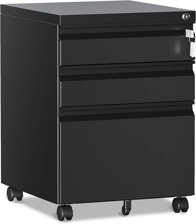 3 Drawer File Cabinet，Mobile Filing Cabinet with Lock and Wheels，Un-Assembled Metal Under Desk File Cabinets for A4/Letter/Legal Size（Black