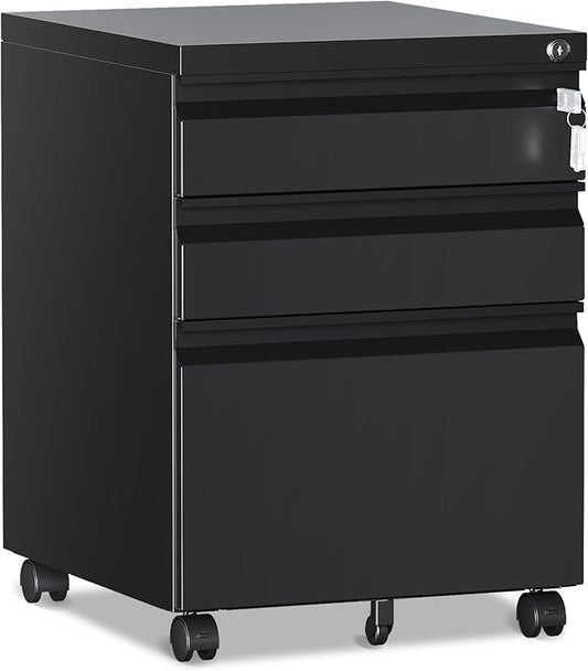 3 Drawer File Cabinet，Mobile Filing Cabinet with Lock and Wheels，Un-Assembled Metal Under Desk File Cabinets for A4/Letter/Legal Size（Black