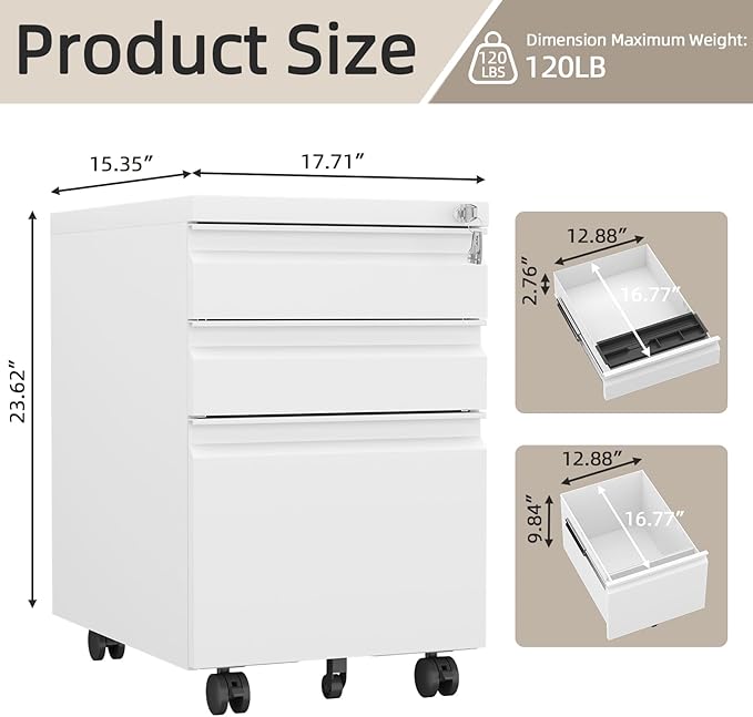 Filing Cabinets, Mobile File Cabinet with Lock for Home Office, 3 Drawer Filing Cabinet for A4/Letter/Legal Size Folder, Metal Vertical White Filing Cabnet on Wheels