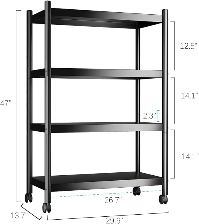 VETALLO 4 Tier Mobile Shelf Kitchen Appliance Metal Shelving Storage Rack Heavy Duty Shelves Standing Units with Rolling Wheels for ktichen,Pantry, Garage,Laundry (29.6" L x 13.7" W x 47" H)