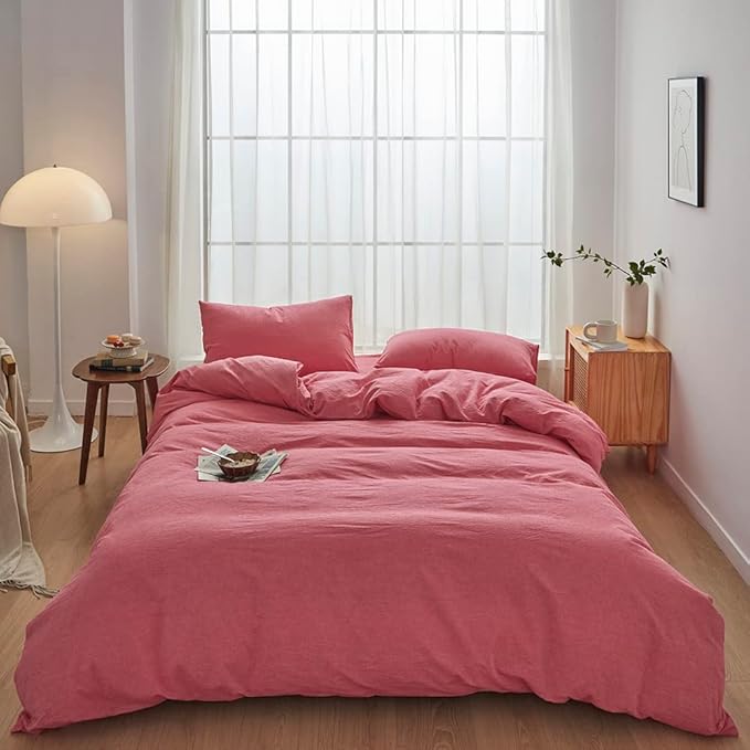 FACE TWO FACE Bedding Duvet Cover Set100% Washed Cotton Duvet Cover Linen Like Textured Breathable Durable Soft Comfy (King, Red)