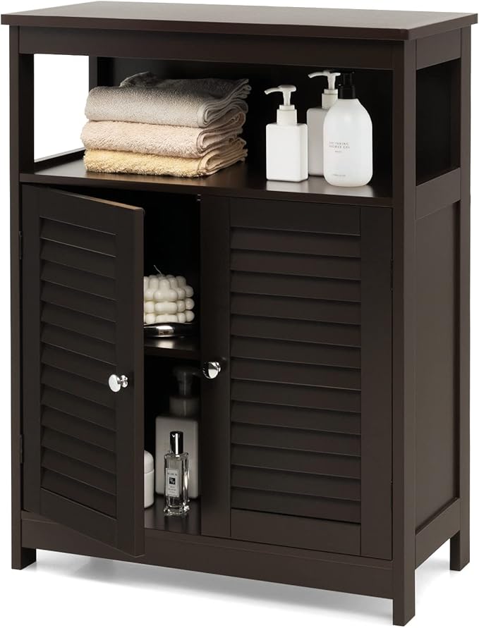 GLACER Bathroom Floor Cabinet, Wooden Storage Cabinet with Double Shutter Doors & 3-Position Adjustable Shelf, Side Storage Organizer, 23.5 x 12 x 31.5 inches (Espresso)