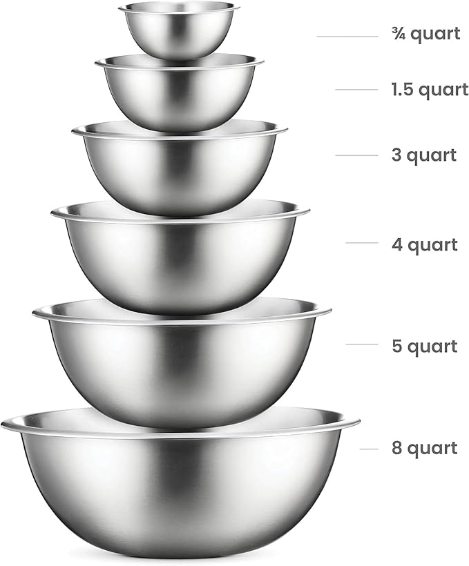 Stainless Steel Mixing Bowl Set, Nesting Bowls for Kitchen Baking, Cooking, Prepping, Kitchen Food Storage Organizers, No Lids (6 Pack)