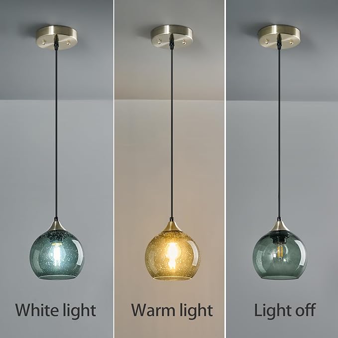Gray Green Glass Pendant Lights Kitchen Island Lighting Globe Pendant Light Fixtures Modern Pendant Lighting for Kitchen Island Bedroom Living Dining Room Light Fixture(5.9in, 1-Pack)