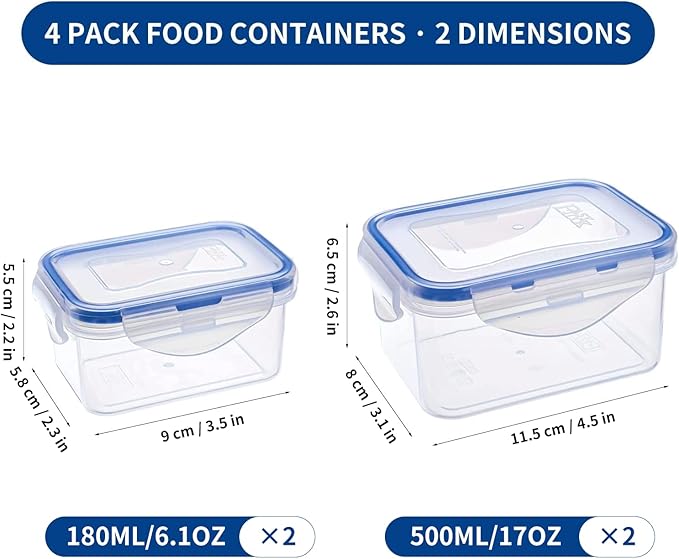KIGI 4 Pack 17OZ 6OZ Small Plastic Containers Set Leakproof Rectangular Small Bento Box with Lids Airtight Mini Meal Prep