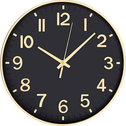 HZDHCLH Black Wall Clocks Battery Operated,12 inch Silent Non Ticking Modern Clock for Wall, 3D Numbers Wall Clock for Kitchen Bedroom Living Room Office Classroom Decor (Black-Gold)