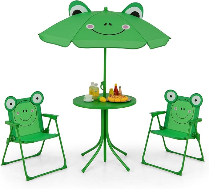 Costzon Kids Picnic Table, Kids Outdoor Table with 2 Folding Chairs, Height Adjustable Umbrella, Portable Children Outdoor Furniture for Patio, Garden, Backyard (Green)