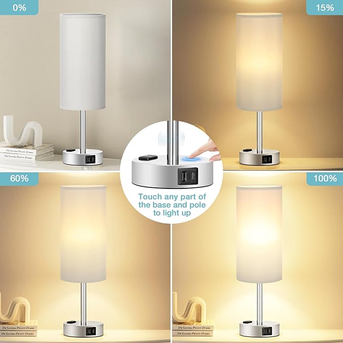 Light Grey Table Lamp for Nightstand - 3 Way Dimmable Touch Bedside Lamp USB C and A Charging Ports and AC Outlet, Small Desk Lamp with Silver Base for Office Nursery, LED Bulb Included