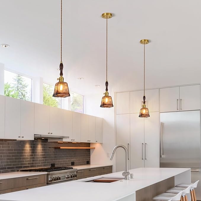 Brown Glass Vintage Pendant Light 4.33" Handmade Glass Pendant Lights Kitchen Island Gold Hanging Light Fixture for Bedroom Dining Room Hotel (3 Pack)