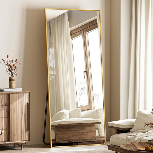 Koonmi Large Mirrors for Wall, 65"x24" Full Length Mirror with Stand, Full Body Mirror with Aluminum Alloy Frame, Hanging or Leaning Against Wall, Floor Standing Mirrors for Bedroom Living Room, Gold